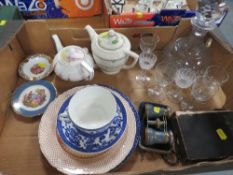 A tray of assorted ceramics, glass and collectables to include opera glasses