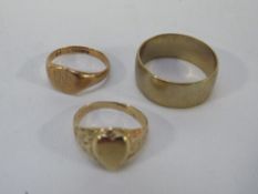 A hallmarked 9 carat gold band together with a hallmarked 9 carat gold signet ring plus another