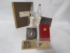 A tray of collectables to include Belleek, miniature portrait etc