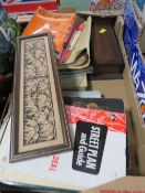 Two trays of assorted collectables to include a large glass vase, collectors plates, postcards etc