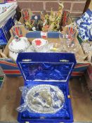 Two trays of ceramics and glassware to include Babycham glasses