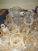 Two trays of assorted crystal and glass