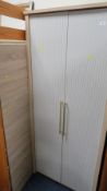 A double two door oak effect modern wardrobe and matching headboard panel