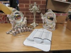 Two china cherub mirrors, an Art Nouveau style candle holder plus an enamel kitchen holder and a