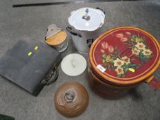 An enamel lidded flour tin, salt tin together with a red hat box, typewriter etc