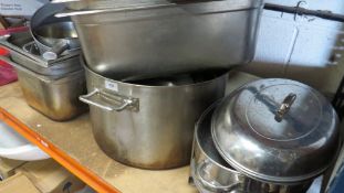 A large selection of stainless steel cooking / catering / food containers / pans