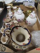 A tray of assorted ceramics and metal ware to include Masons Mandalay
