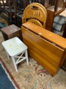 A pine drop-leaf table, 2 folding chairs, stool and a side table