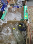 Four trays of assorted glass, ceramics and metalware to include a Medina glass aquarium paperweight