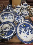 Two trays of Booths Blue & white Old Willow tea and dinnerware