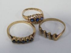 A hallmarked 9 carat antique three stone sapphire ring A/F together with another 9 carat example and
