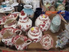 A tray of assorted ceramics to include Masons Mandalay Red