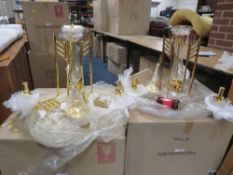 Two boxed gold three branch chandeliers - contents not checked