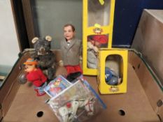 A tray of vintage toys to include Muffin the Mule, Pelham puppets etc