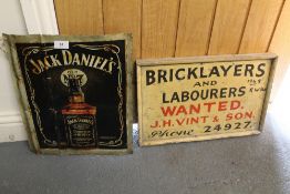 A vintage 'Bricklayers and Labourers' sign, together with a modern Jack Daniel's tin sign (2)