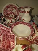 A tray of assorted red and white ceramics to include Mason's Mandalay Red etc