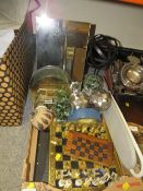 A tray of collectables to include a chess board etc