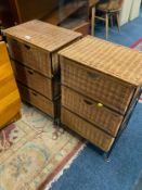 A pair of wicker and metal three drawer chests