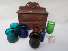 Six Victorian coloured glass fairy lights, a miniature chest of drawers etc