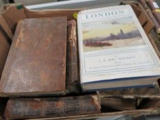 A tray of assorted antique books including an essay concerning human understanding Edinburgh 1798
