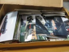 Three trays containing aprrox 2000 steam locomotive photographs etc