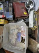 A tray of assorted collectables to include metal ware, cigarette cards etc