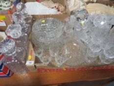 A tray of assorted glassware to include decanters