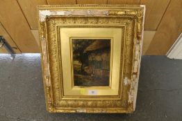 An oil painting of a young child and chickens, together with a boating scene