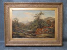 DAVID BATES (1840-1921). Mountainous wooded river landscape with sheep, signed lower left, oil on