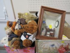 Two small trays of assorted soft toys to include Orient express bears etc