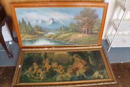 A large modern oil on canvas depicting an Alpine scene, together with a large framed print
