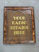 ''YOUR RADIO REPAIRS HERE', framed and glazed advertising style shop display / picture