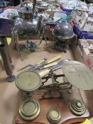 A tray of assorted metal ware to include a silver plated Spirit kettle, postal scales etc