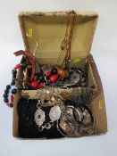 A tray of assorted vintage costume jewellery etc