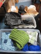 Three trays of assorted clothing, textiles and accessories etc