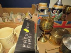 Four small trays of assorted collectables to include Lilliput lane, Beer steins etc