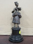 An antique Bronze figure of a lady in period dress mounted on turned wood base H-19.5 cm
