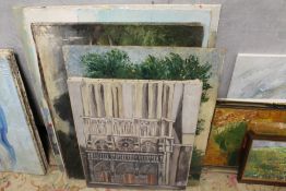Six assorted oil paintings to include a cathedral