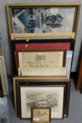 A collection of assorted pictures and prints, including a reproductions 'Three Men For The Navy'