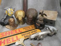 A tray of assorted collectables to include reproduction motoring mascots, truncheon etc
