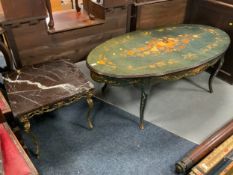 A modern oval inlaid coffee table together with a gilt metal and marble top lamp table. (2)
