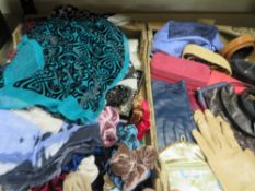 Two trays of assorted gloves, scarfs, belts and accessories