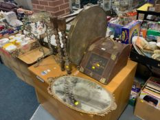 A Eastern style copper top folding table together with a mirror, brass stand and purdonium. (4)