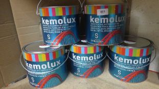 Five 2.5L tins of Kemolux Hammerite type anti corrosive fast drying metal paint / primer