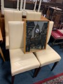 A set of four modern cream chairs and a clock picture