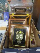 A tray of sundries to include framed clocks and a hurricane lamp