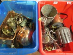 Two trays of assorted metal ware to include copperware