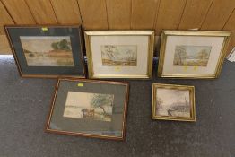 A red box of assorted pictures and prints, to include watercolours and cattle