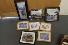 A box of assorted pictures and prints to include railway examples