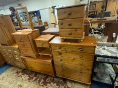 A honey pine chest, three bedside chests, small mirror and a blanket box (6)